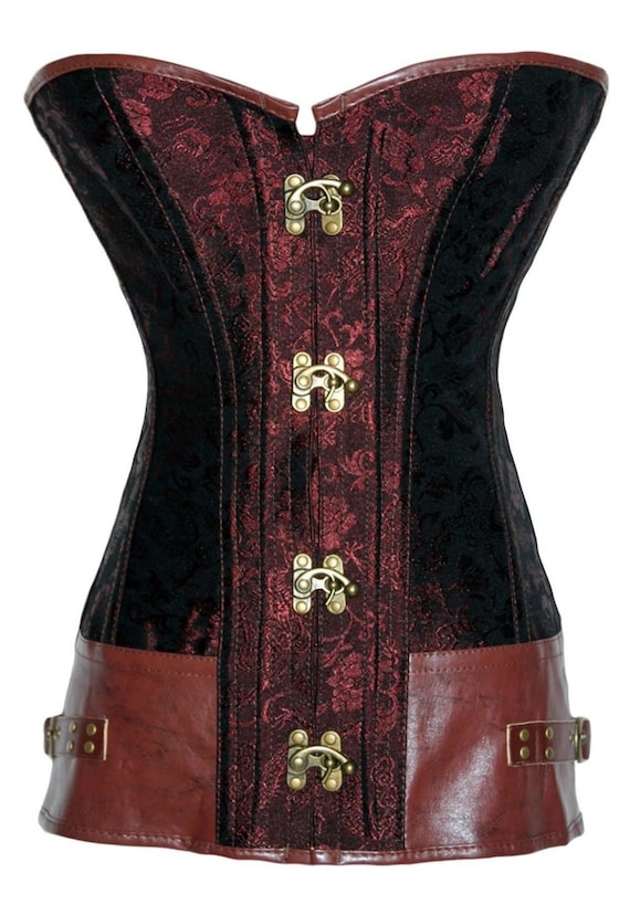 OverBust Corset!Mad Max Steampunk Brown leather black Latch hook Lace back boning(waist cinching)satin jacquard !adjustable M 8 burgundy by SweetDreamsSusie steampunk buy now online