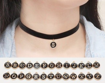 Round Initial Choker, Black Velvet Choker, Personalized Choker, Initial Necklace, Chokers for Woman, Custom Choker, Friendship Gifts