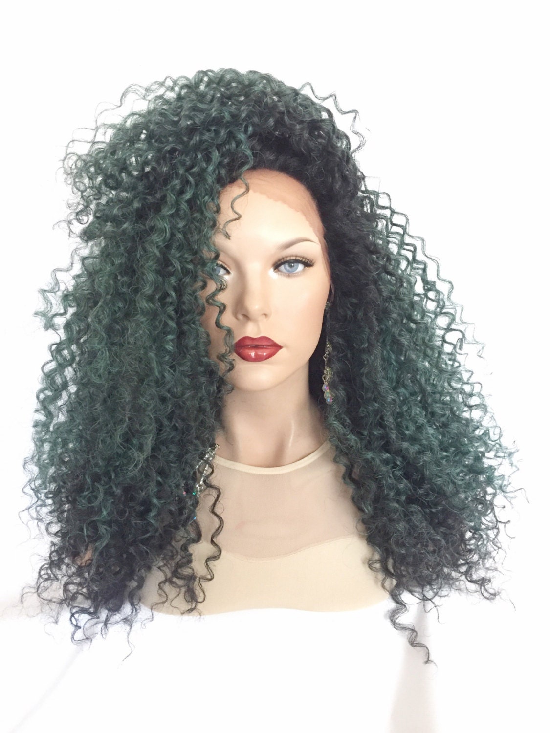 Green Curly Lace Part Front Wig 24 Dark Roots 52 by TurtlesCandy