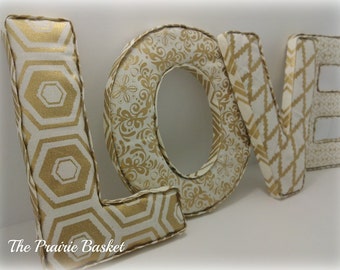 Set of 4 Gold and Cream Fabric Covered Letters LOVE Shelf Decoration, front and back covered - Ready to Ship
