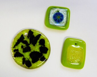 Set of 3 fused glass pendants dichroic glass, with holes drilled for hanging