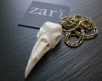 Crow Skull Necklace Bird Skull Pendant on Brass Chain . Goth Chic Steampunk Design . Natural Bone Carving Jewelry . Raven Magpie Bird Skull