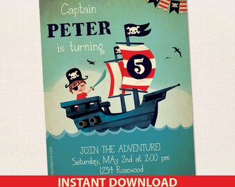 Pirate invitation. Birthday invitation. Instant download. Edit yourself with Adobe Reader. PDF. Brown hair.