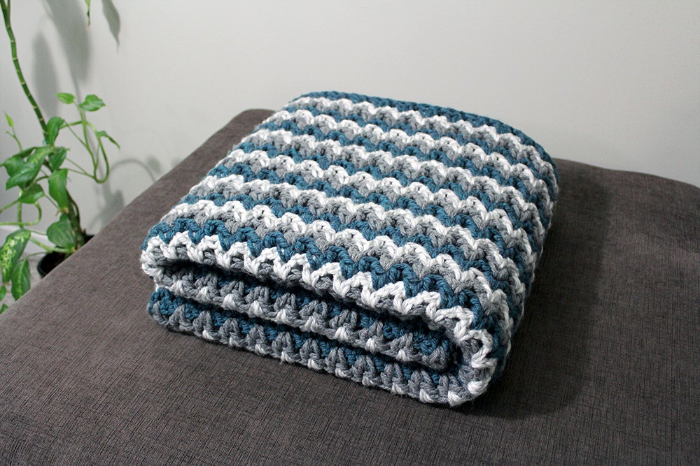 Chunky V Stitch Crochet Blanket in Grey White and Teal