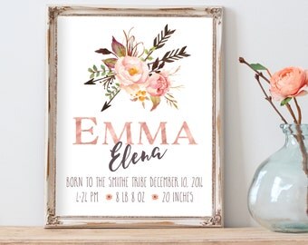 Birth Announcement Print, Nursery Wall Art, Personalized baby gifts, Printable Art, Name Print, Tribal nursery, Tribe, Birth Stats, Emma
