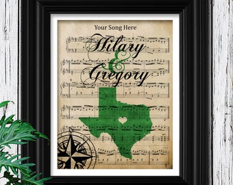 Custom Map Art | Custom Sheet Music | Your Custom State Silhouette | Personalized Map | Personalized gift for couple | Custom Gift For Him