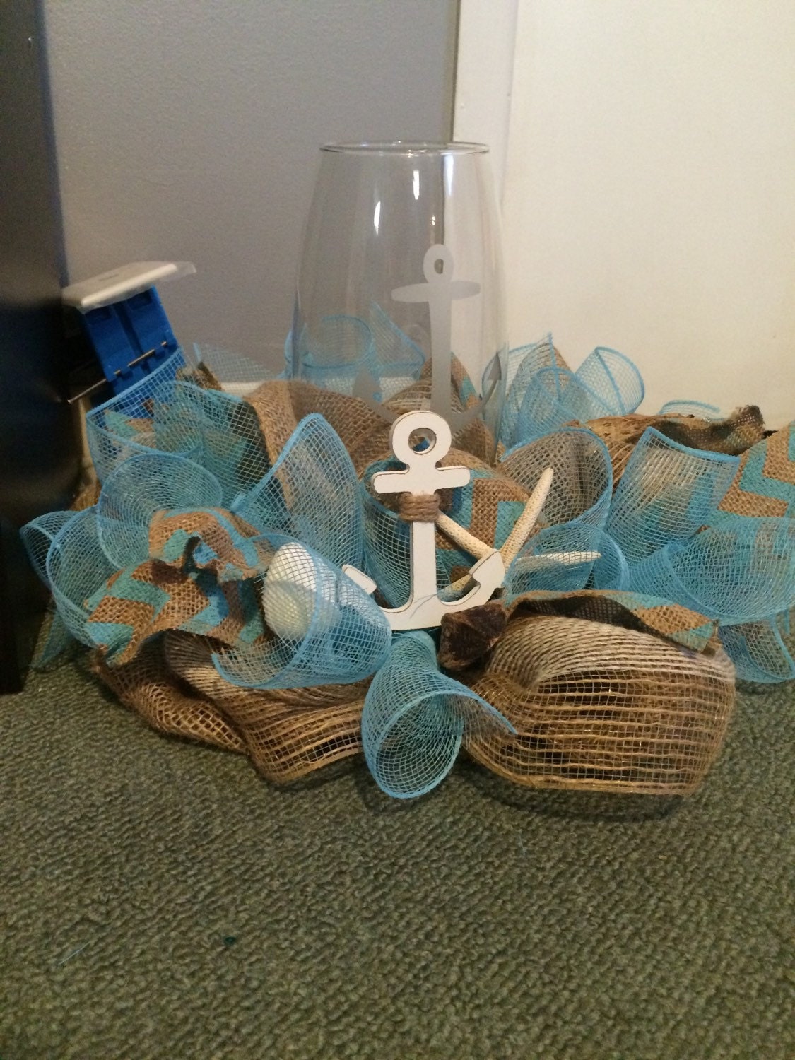 Coastal Centerpiece Beach Decor Vase with anchors. Anchor