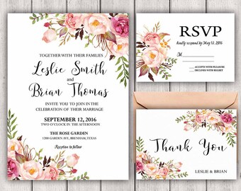 Floral Wedding Invitation Printable Wedding Invitation Suite Rustic Wedding Invite Boho Wedding Invite Peonies Wedding Invite Blush Boho Set