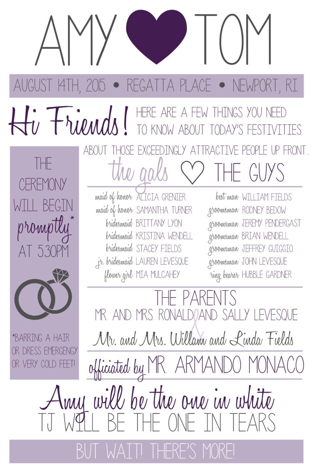 Funny Wedding Program Printable with Hearts by HubPrintableShop