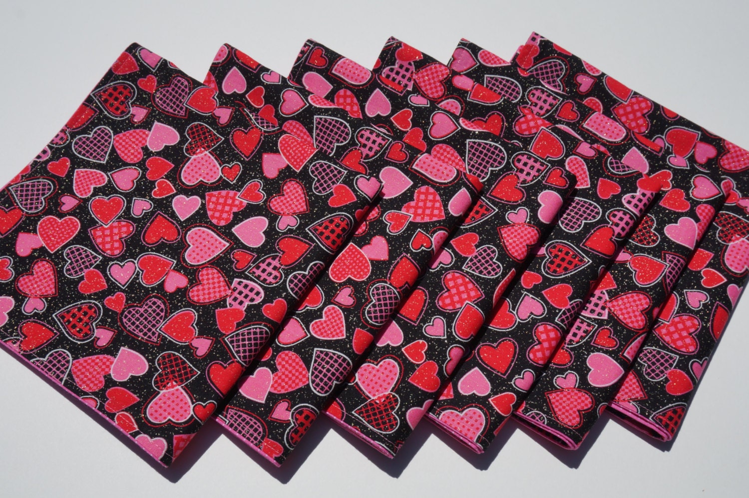 Valentine Heart Cloth Napkins Pink and Red Glitter Hearts