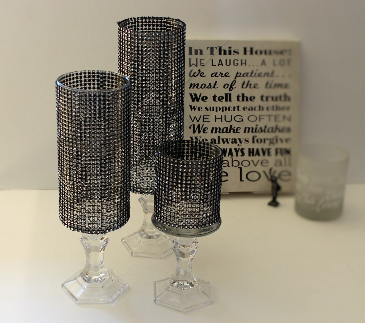 Set of 3 Black Tall Crystal Rhinestone candle holders glass