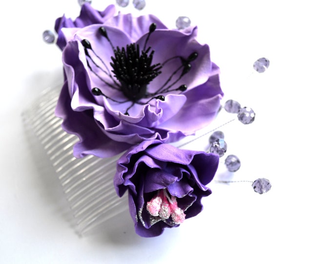 Purple anemone hair Comb crystal floral hairpin purple flowers wedding accessories Bridal bridesmaid gift Lilac headpiece hair dress event