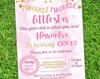 Twinkle Twinkle Little Star First Birthday Invitation | | Pink and gold first birthday invitation | PDF Editable Instant Download