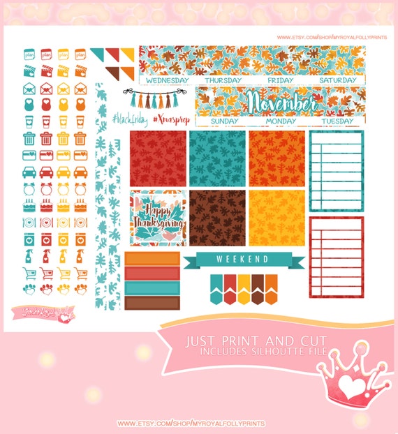 November Month | Printable Planner Stickers | Happy Planner | Instant Digital Download with Silhouette file