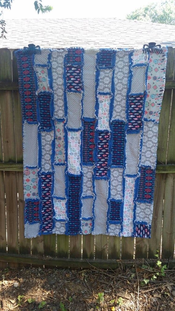 Rag Quilted Throw Quilt Lightweight Blue/Gray/Pink