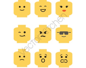 Lego Minifig Head Cutting Template SVG EPS Silhouette Cricut Sure Cuts a Lot Vector Instant Download Heads Happy Sad Sunnies Angry Emotions