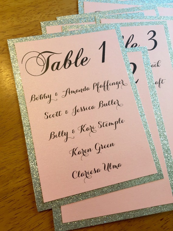 Table Assignment Cards Pink and Silver Wedding Table Number