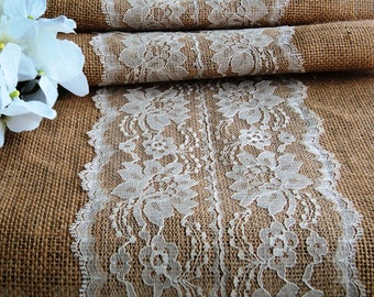 14" Wide Burlap Lace Table Runner, Ivory or White Lace Center, Rustic/Shabby Chic/Barn Wedding Reception Decor, Rustic Holiday Party Table