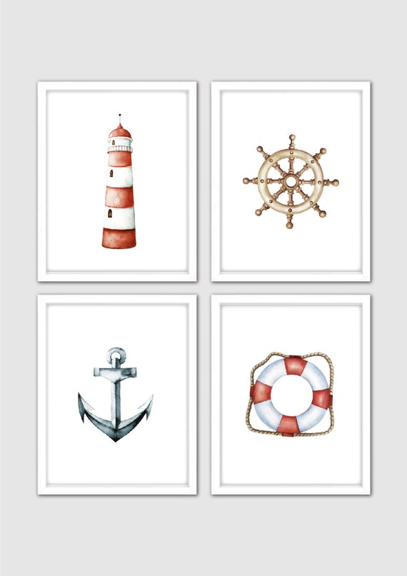 Nautical Wall Art Watercolor Print Set Beach Theme Wall