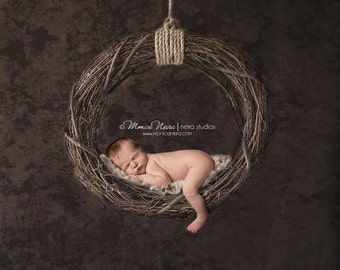 Digital Backdrops/Props (Hanging Newborn Digital Backdrop Twig Swing on Dark Brown Textured Background)