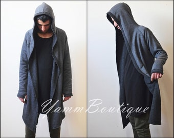 Oversized Men's Cardigan Glove Sleeve Raw Edges Rope Long Asymmetric Cut Kanye Jackets