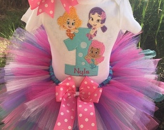 Bubble Guppies Birthday Tutu Outfit Dress Set Handmade 1st 2nd 3rd in Aqua Pink and Purple