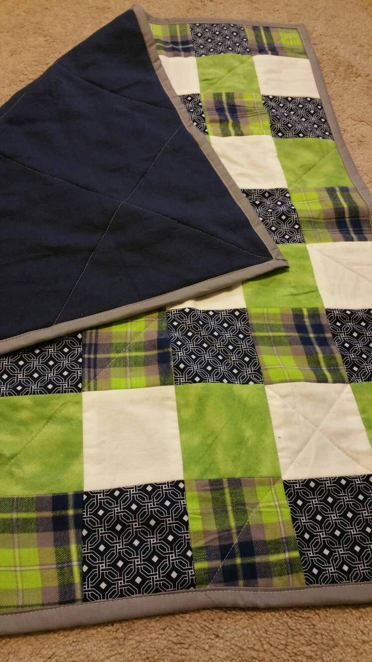 Lime greene/ blue plaid baby/toddler quilt by lisaleeasquilt