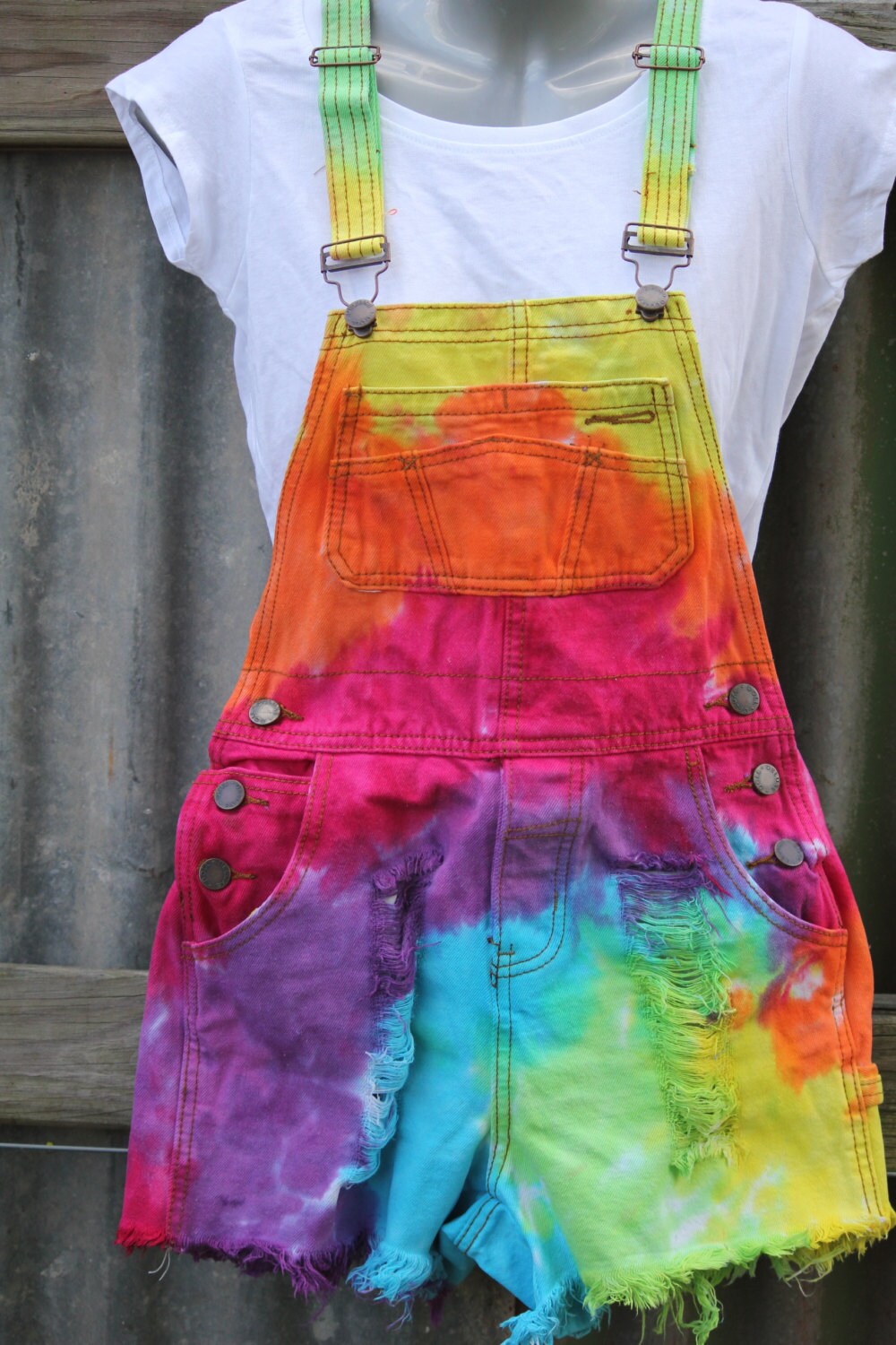 Hand made rainbow tie dye overalls. ladies small.