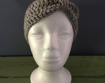 Speckled Gray Crochet Ear Warmer, Crochet Headband, Cinched Crocheted Ear Warmer, Gray Ear Warmer