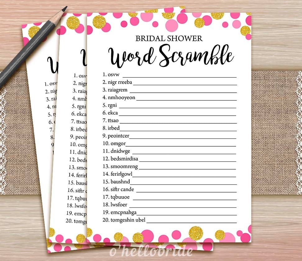 Word Scramble Game Printable Pink Gold Bridal Shower Word