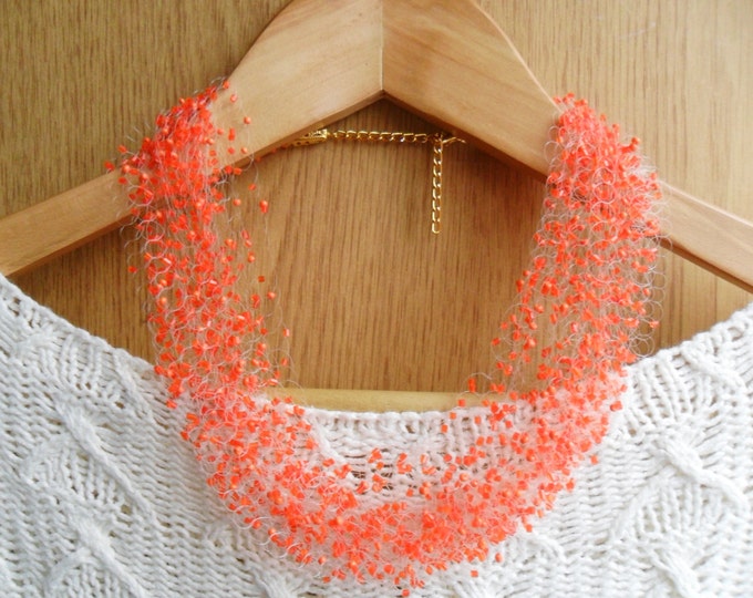 Orange crochet airy necklace multistrand statement bridesmaid gift idea unusual gift for her cobweb casual everyday bright spring summer
