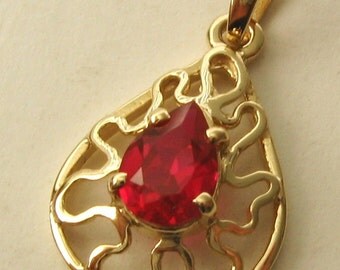 Genuine SOLID 9K 9ct YELLOW GOLD Pear Shape Filigree July Birthstone Ruby Pendant