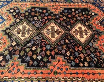 Persian Rug Hand-Knotted Afshar (Burnt Red, Sienna, Navy Blue, Green, Black) 221cm x 170cm (7'3" x 5'6")