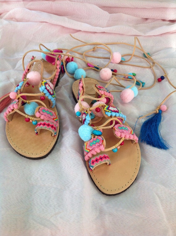 tie up sandals with pom poms