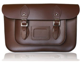 12.5" Classic British Leather Satchel 100% Real Leather - Chestnut Brown