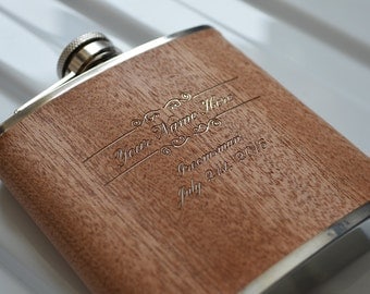 Engraved Sapele Hip Flask. Uniquely Perfect Groomsmen Gift. Stainless Steel 6oz Flask with Sapele Veneer.