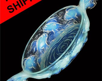 Antique French Art Deco Verlys Opalescent Glass ‘Poissons’ Koi Fish Large Oval Bowl Jardinier c1930s
