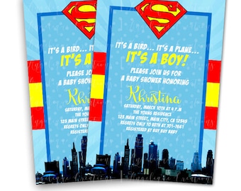 Superman Inspired, Superhero Baby Shower Invitations & Blank Digital Thank You Card to match