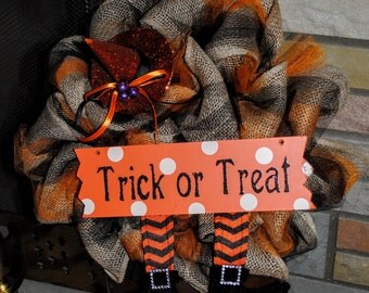 Halloween Wreath - Trick or Treat - Fall Wreath - Burlap Halloween Wreath - Witch Legs - Fall Burlap Wreath - Black and Orange Wreath - Fall