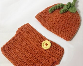 Crochet Baby Pumpkin Outfit, Baby Photo Prop Pumpkin Hat and Diaper Cover