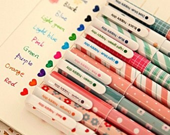 Set of 10 Kawaii Pretty Gel Pens / Each Pen Writes in Different Colour / Multi Colour Pens