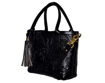 Hand Tooled Bag/Crossbody Leather Bag/Mexican Bag/Mexican Crossbody/Black Leather Bag/Tooled Leather Purse/Black Tooled Purse/Mexican Style