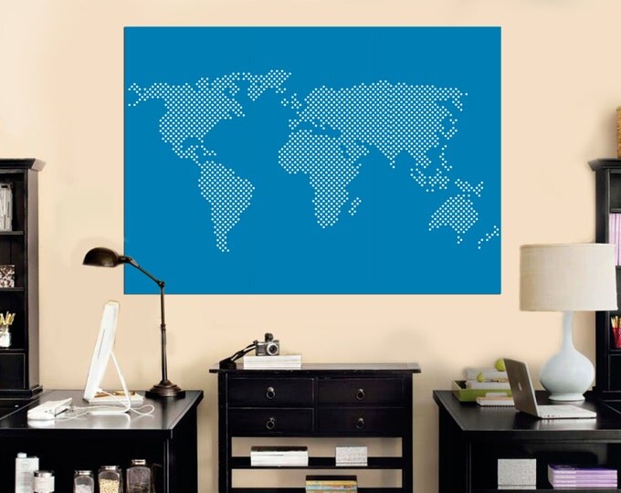 Large Blue Dotted World Map Print Set, Abstract Wall Art \ 1,3,4 or 5 Panels on Canvas Wall Art for Home or Office Decoration