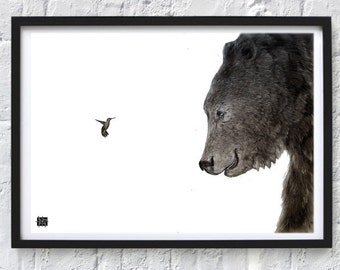 Bear and hummingbird pencil drawing Print, Original drawing print, Black and white Bear and bird, highly detailed animal drawing