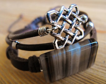 Men's Brown Leather Celtic Knot and Banded Agate Bracelet