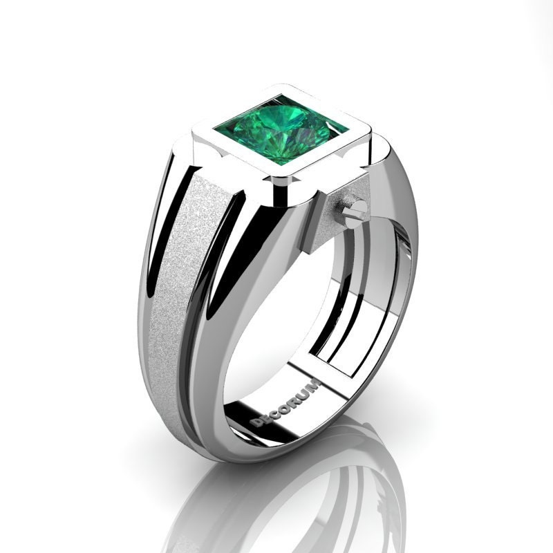 Mens Modern 14K White Gold 1.0 Ct Hydrothermal Emerald Ring