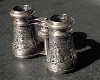 Antique Chevalier opera glasses, Paris France, aluminium repoussé birds on cherry tree, fully working