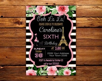 Paris Birthday Invitation. Paris Invitation. Eiffel Tower Invite. Chalkboard. French Party. ANY AGE. Gold Eiffel. Floral.