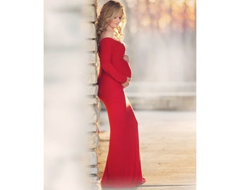 Fitted Maternity Gown for Photo Shoot-Long Maternity Dress-Fitted Maternity Gown-Maxi Gown-Long Sleeve Maternity Dress for Baby Showewer