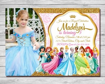 Disney Princess Invitation, Princess Aurora,Princess Bell,Princess Anna Elsa,Princess Arial,Tinker, Jasmine,Sofia,Cinderella| MDI_3
